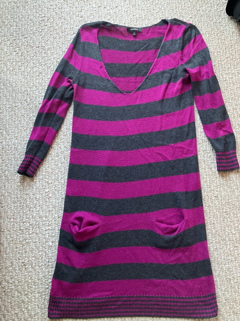 Express Y2K Emo Long Sleeve Striped Sweater Dress in Magenta and charcoal